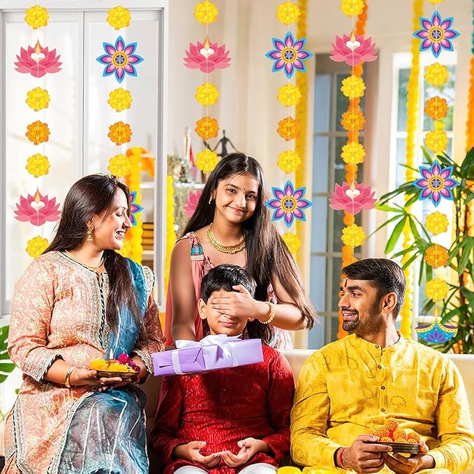 MARFOREVER 41 Ft Diwali Decorations Hanging Banner, Happy Diwali Hanging Streamers Diya Light Marigold Garland Indian Festival Decoration for Pooja Deepavali Home Doorway Curtain Party Supplies