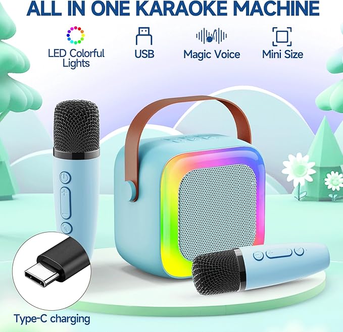 Mini Karaoke Machine for Kids Teen Adults, Kids Karaoke Machine with 2 Wireless Microphones and LED Lights Toys for Party, Home, Gifts for 4 5 6 7 8 9 10 11 12+ Years Girls Boys(Blue)