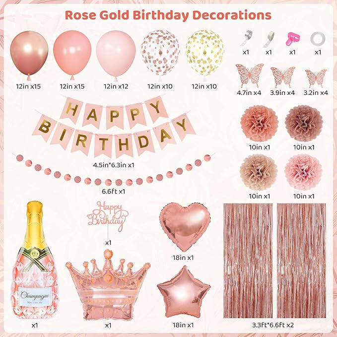 Ouddy Life Rose Gold Birthday Party Decorations for Women Girls, Happy Birthday Banner, Pink Foil Confetti Balloons, Fringe Curtain, Cake Topper, Pompoms, Princess Wedding Baby Shower Party Supplies