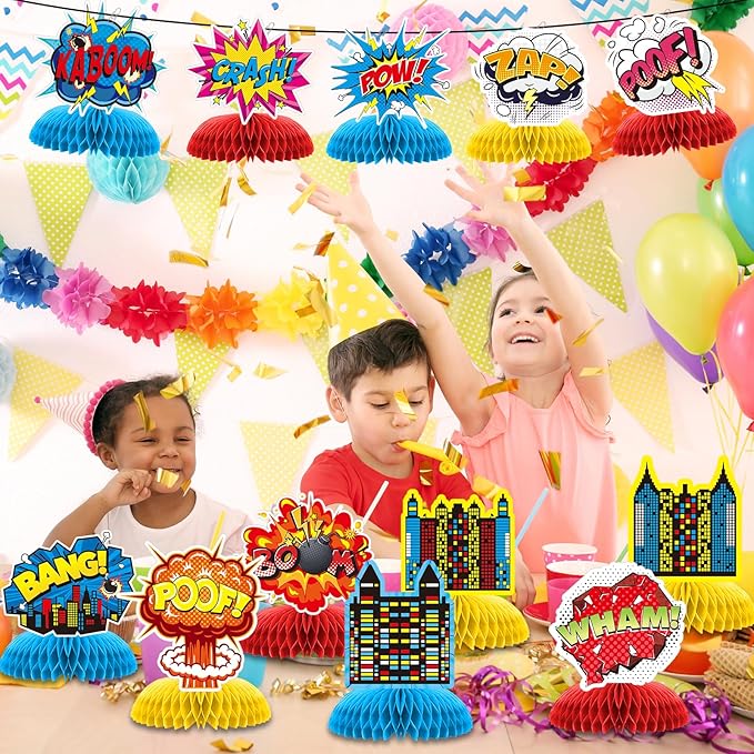 12 PCS Hero Party Decorations, Hero Theme Happy Birthday Decorations, Fun Action Honeycomb Centerpieces Decor Table for Party Supplies for Women Men Boys Girls