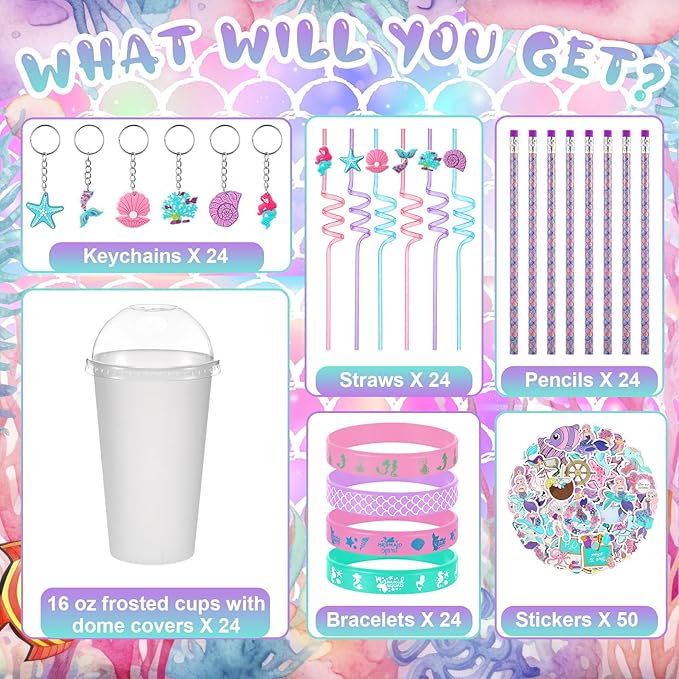 194 Pcs Valentine Gift Mermaid Party Favors Goody Cup Fillers, Mermaid Birthday Party Decorations Straws Keychains Pencils Bracelets for Goodie Bag Stuffer, Classroom Rewards, Piñata Supplies
