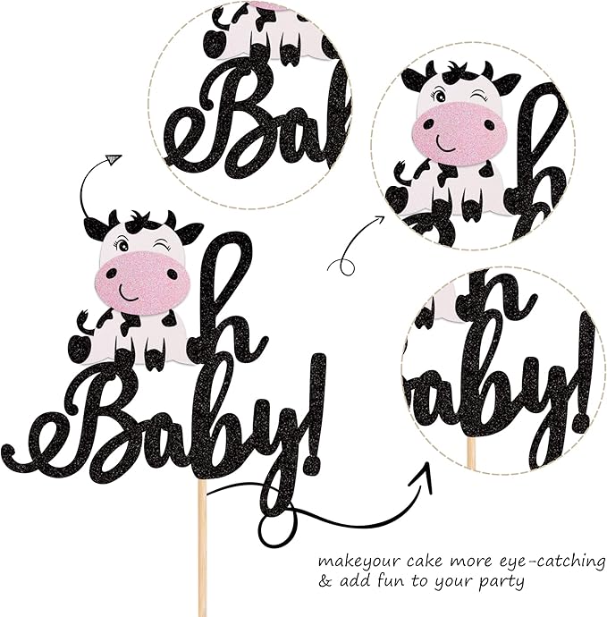 1 PCS Cow Oh Baby Cake Topper Glitter Farm Animals Cake Pick for Gender Reveal Theme Baby Shower Kids Birthday Party Decorations Supplies