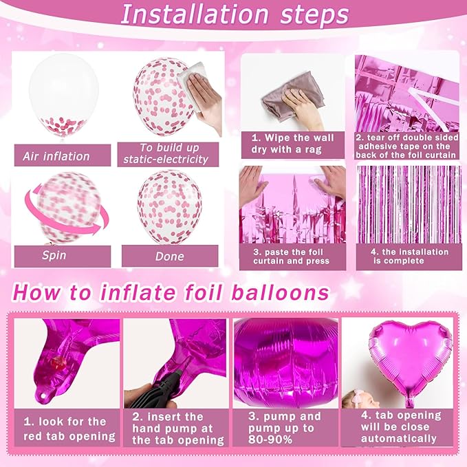 Pink Birthday Party Decorations for Women Girls with Happy Birthday Banner Paper Pompoms Fringe Backdrop Star garland Hot Pink Balloons Princess Décor