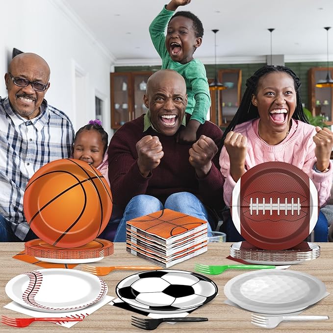 100 Pcs Sports Birthday Party Decorations Sports Themed Plates and Napkins Basketball Football Soccer Baseball Rugby Disposable Dessert Tableware Set for Boy Birthday Party Supplies Favors