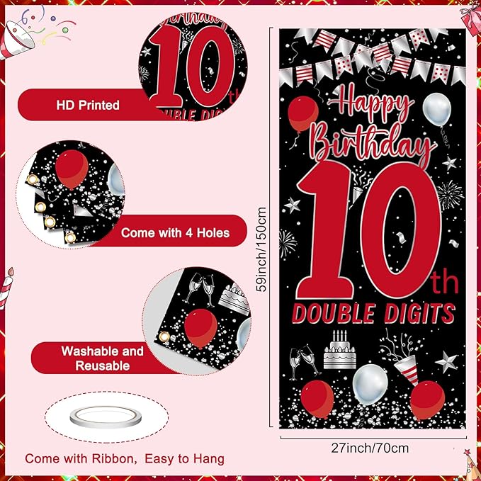 10th Birthday Decorations for Boys Girls, Double Digits Boy Red Black Happy 10th Birthday Decorations, 10 Year Old Birthday Door Banner Sign, Triangle Flag, Large 10 Balloons Decor Tenth Bday Party