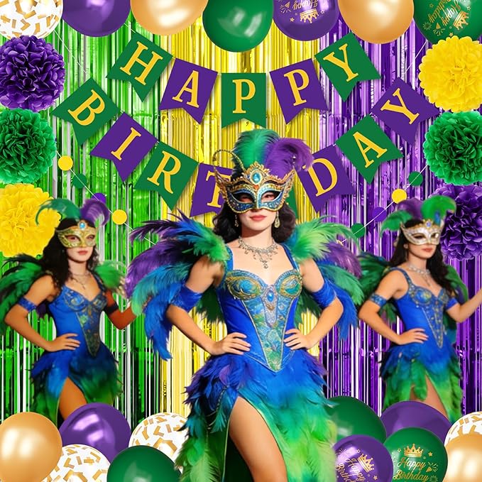 Purple Green Gold Party Decorations, Metallic Printed Confetti Balloons Fringe Curtain Happy Birthday Banner Circle Dots Garland Paper Pompom New Orleans Holiday Masquerade Party Supplies