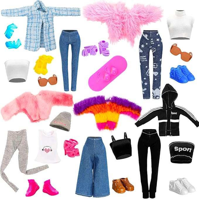 23 Pieces Doll Clothes & Accessories for 11.5 Inch Girl Dolls Include 5 Tops 5 Pants Fashion Outfits 5 Coats Jacket 5 High Heels 5 Flat Shoes and 3 Accessories for 11.5 Inch Girl Dolls Fashion Set