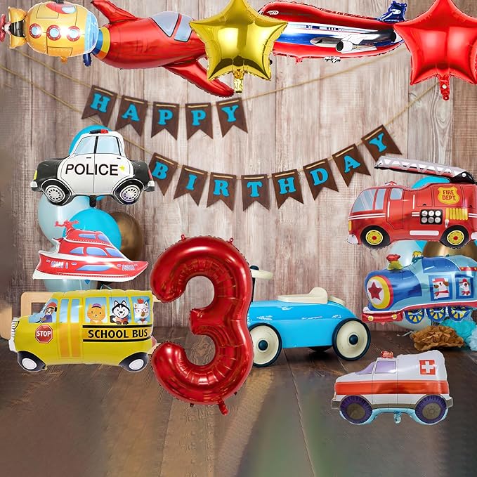 12pcs Transportation Balloons, Truck Plane School Bus Fire Truck Police Car Ship Ambulance Submarine Foil Balloon, Transportation 3rd Birthday Vehicles Theme Party Supplies Decorations (3rd)