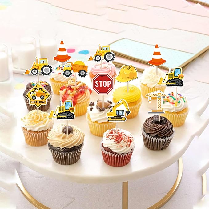 36 Pack Construction Cupcake Toppers Stop Sign Dump Truck Excavator Tractor Party Cake Picks Decorations for Construction Theme Baby Shower Birthday Party Cake Decorations Supplies
