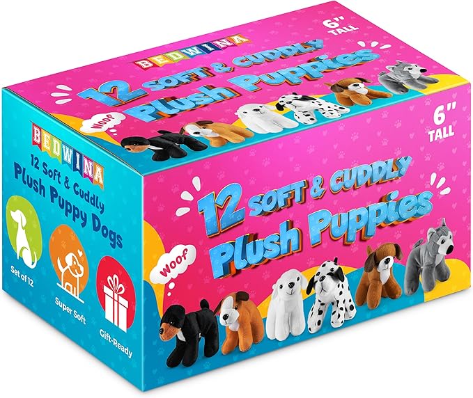 Bedwina Plush Puppy Dogs - (Pack of 12) 6 Inches Tall Stuffed Animals Bulk Assorted Puppies and Cute Stuffed Plushed Dog Puppies Assortment, Stocking Stuffers