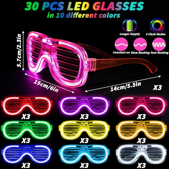 60 Pcs Glow in the Dark Party Supplies 30 LED Light Up Glasses 30 Glow Sticks LED Party Favors Light Up Pop Tubes Flash Glasses LED Bracelet Necklace for Birthday Wedding Goodie Bag