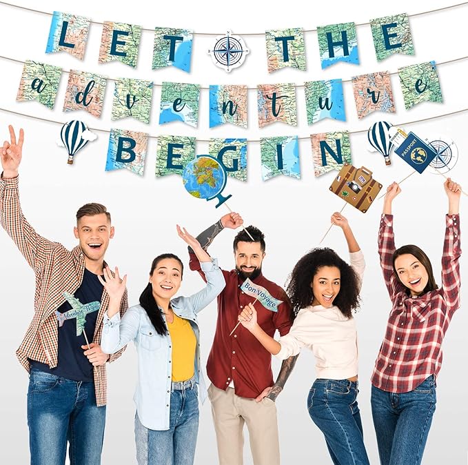 Yaaaaasss! 52pcs Travel Themed Party Decorations Let the Adventure Begin Banner Hanging Swirls Table Toppers for Bon Voyage Travel Around The World Adventure Farewell Travel Party Supplies