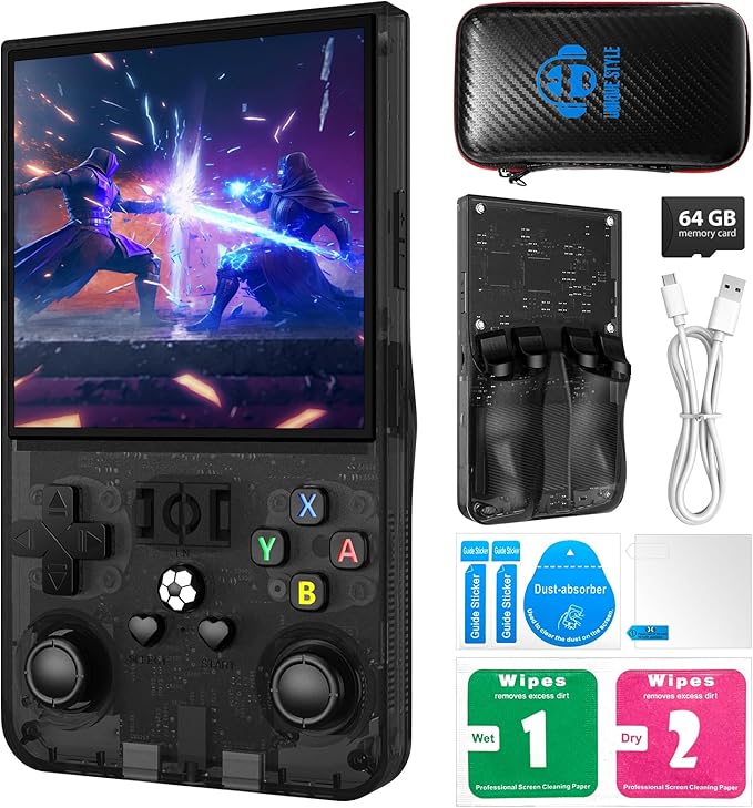 R36TMAX Retro Handheld Game Console, 4.0'' 720x720 IPS Screen, 64GB Supports 18000+ Classic Games, EmuELEC System Supports WiFi Networked Fighting and OTG, 4000mAh, with Portable Case(Black 2GB)
