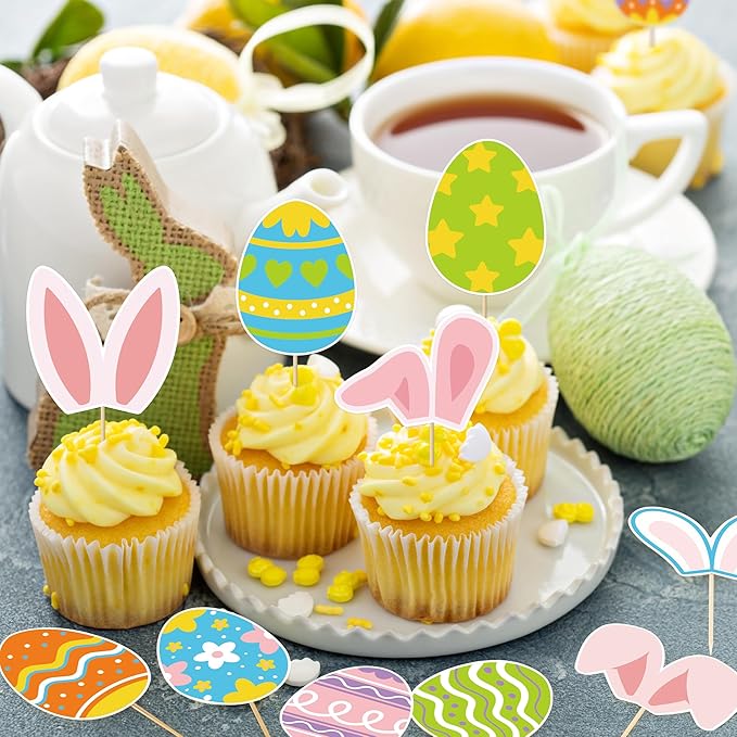 36pcs Easter Cupcake Toppers, 12 Kinds Easter Cake Topper Decorations, Paper Colorful Easter Eggs Bunny Ears Cake Topper Decor, Single Sided Printing Spring Party Desserts Cupcake Topper Decoration