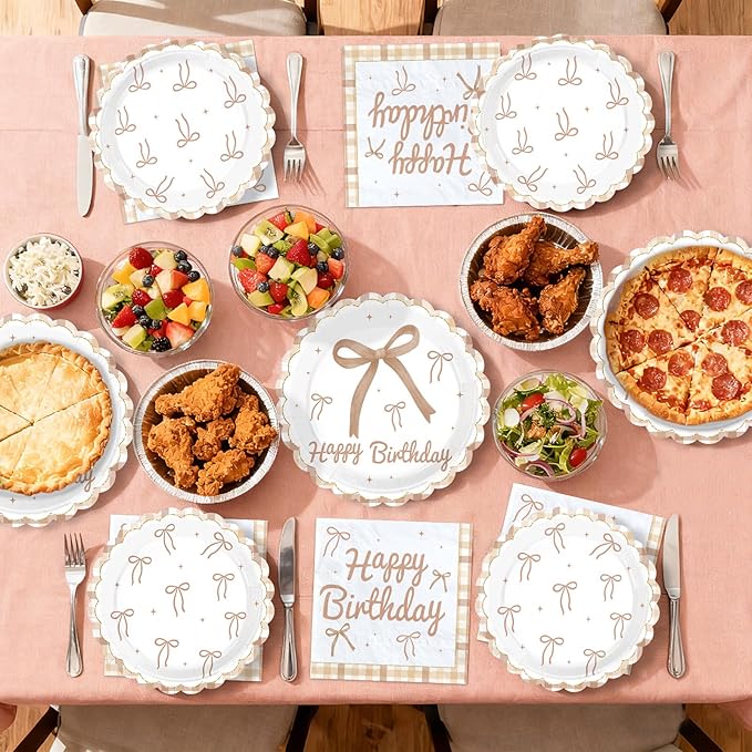 96 Pcs Brown Bow Birthday Party Decorations Disposable Brown Plaid Paper Plates and Napkins Vintage Bow Tableware Set for Boys Girls Birthday Party Baby Shower Supplies, Serves 24