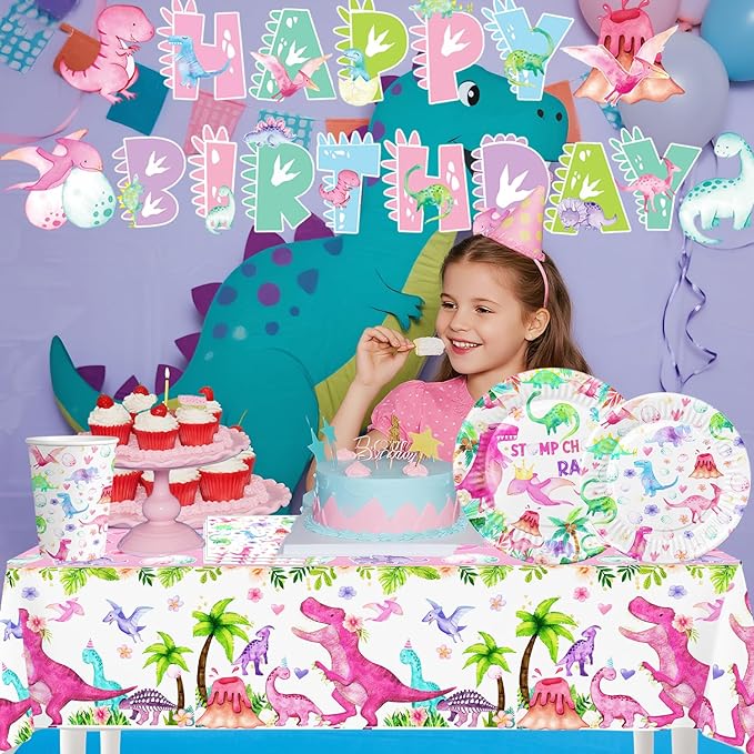 4ps Dinosaur Party Table Cloths Pink Dinosaur Birthday Disposable Plastic Tablecover Tablecloth Watercolor T-Rex Dino Party Supplies Decorations for Girls 1st 2nd 3rd 10th Dino Bday Decor