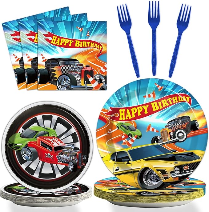 Tevxj 96 Pcs Racing Tableware Set - Hot Car Birthday Dinnerware - Disposable Plates, Napkins, Forks for Kids Boys - Happy Birthday Party Decorations Supplies for 24 Guests