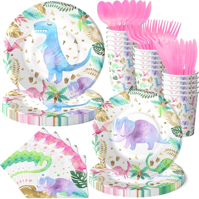 Dinosaur Birthday Party Supplies for Girls - Pink Dinosaur Party Decorations - Balloons Birthday Banner Plates Cups Napkins Tablecloth Tableware (Serves 20)