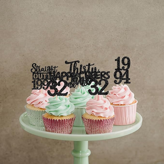 30PCS Black 32nd Birthday Cupcake Toppers Glitter Thirty Two Happy 32nd Straight Outta 1994 Cupcake Picks for Cheers to 32 Years Birthday Wedding Anniversary Party Cake Decorations Supplies