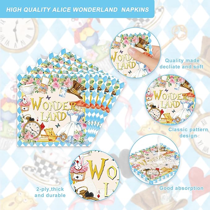120PCS Wonderland Themed Party Supplies for Girls Kids Birthday Party Decorations Tea Party Tableware Set Plates Napkin Cups Set for 20 Guests