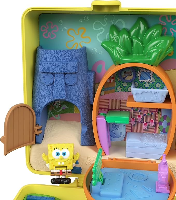 Polly Pocket x Spongebob Partnership Compact, Micro Spongebob & Patrick Dolls and Playset, 7 Accessories Including Pet Gary