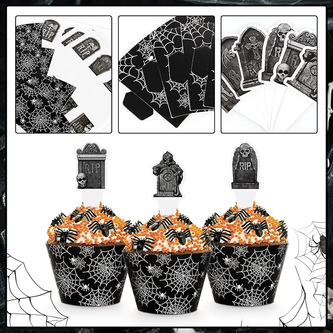 48 Pack Halloween Cupcake Toppers and Black Spider Web Wrappers, Tombstones Skeleton Cupcake Picks Decoration for Halloween Party Birthday Party Supplies