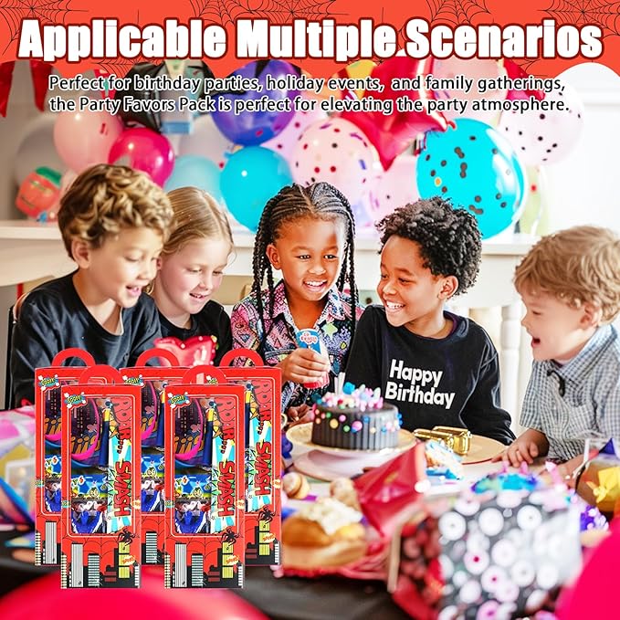 208Pcs Spider Party Favors - 12 Guests Set Include Goodie Box Straw Mini Notebooks Slap Bracelets Keychain Blowers Stickers Sticky hands Toy, for Carnival Classroom Prizes Birthday Party Gift