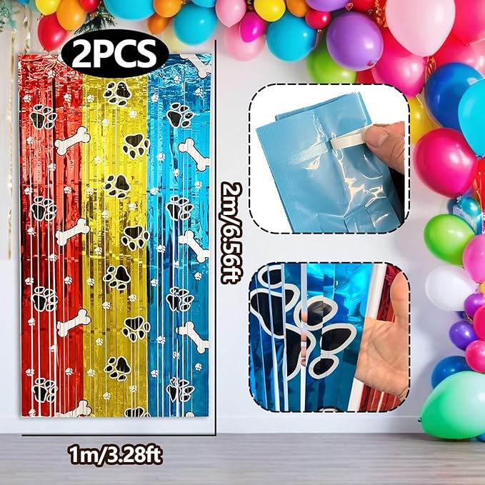 2 Pack Dog Birthday Party Decorations Foil Fringe Curtains Backdrop, 3.28 x 6.56 Ft Red Gold Blue Foil Fringe Tinsel Streamer Photo Booth Props for Birthday Party Supplies Favors