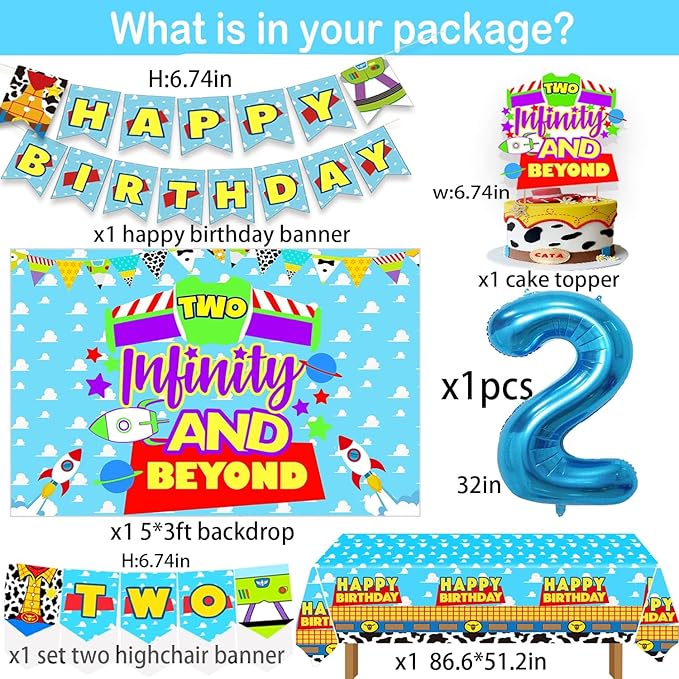 Two 2 Infinity & Beyond Birthday Decorations Cartoon Story Party Supplies 2nd Birthday include Backdrop Banner Cake Cupcake Toppers highchair Two Banner Balloons Arch Kits Tablecloth