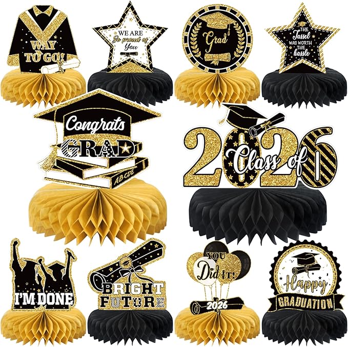 10PCS Graduation Party Decorations Class of 2026 Congrats Grad Table Centerpieces Congratulate Graduation Honeycomb Table Toppers for Graduation Party Supplies(Black Gold)