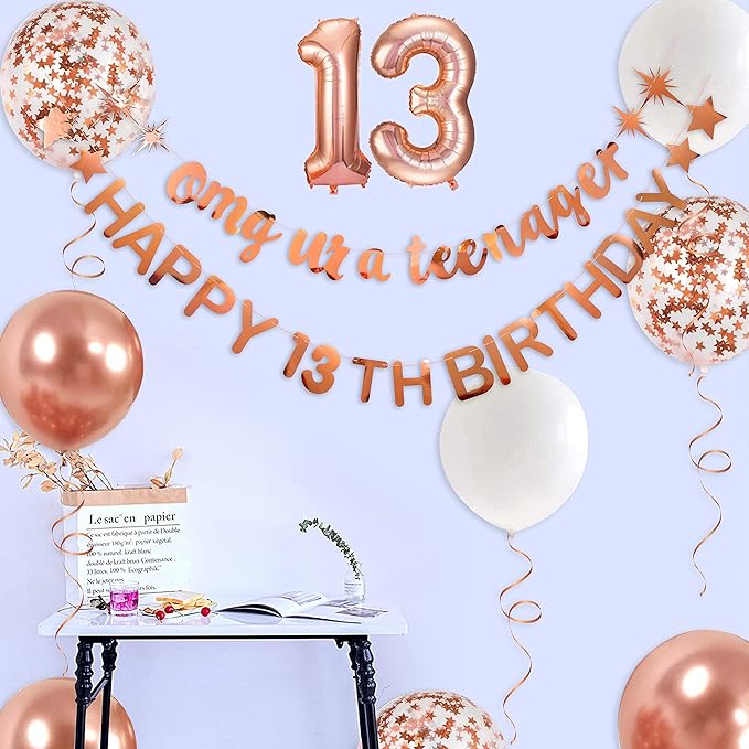 Rose Gold Omg Ur A Teenager Happy 13th Birthday Banner Garland Foil Balloon 13 for 13 Birthday Decorations Official Teenager 13th Birthday Decor for Teen Girls 13 Year Old Birthday Party Supplies