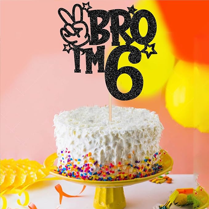 1 PCS Brother I'm 6 Cake Topper Glitter Star Happy 6th Birthday Cake Pick Bro I'm 6 Cake Decoration It's My 6th Birthday Decorations for Boys Cheers to 6 Years Old Birthday Party Supplies Black