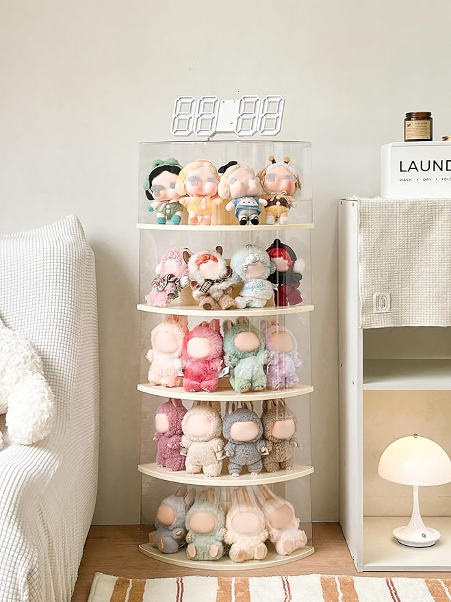 Half-Moon Clear Toy Organizer Compatible with Labubu - Corner Storage Box for 7 Inch Collectibles, Stackable Display Case with Dust-Proof Lid & Accessory Shelf