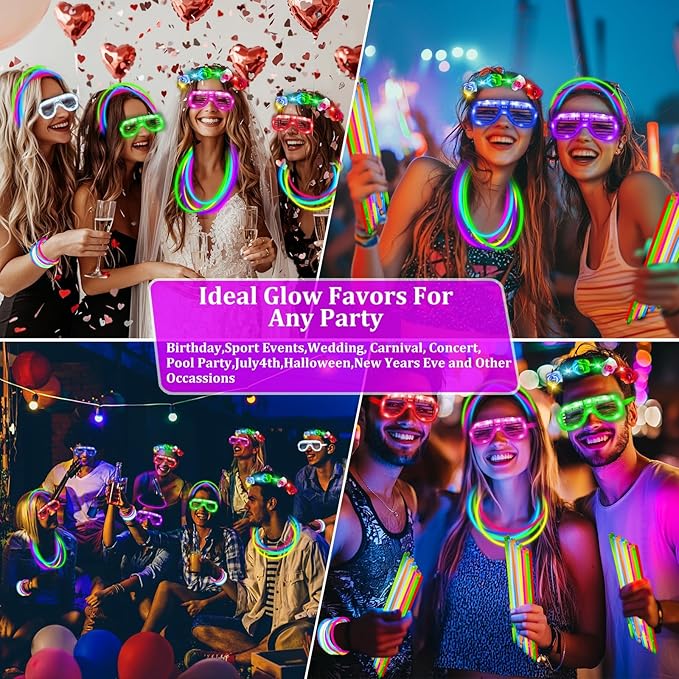 112 Pcs Glow in The Dark Party Supplies Glow Sticks Bulk LED Neon Party Favor Light Up Toys Gifts Kids Adult 100 Glow Sticks Necklaces Bracelets/6 Light Up Glasses/6 Led Headbands Easter Basket