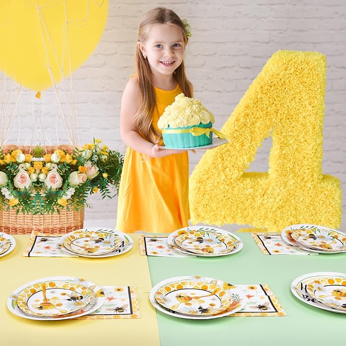 WERNNSAI Bee Plates and Napkins - 48 PCS Happy Bee Day Party Supplies for Kids HoneyBee Party Tableware Set Dinner Dessert Cake Plates Lunch Napkins Serves 16 Guests