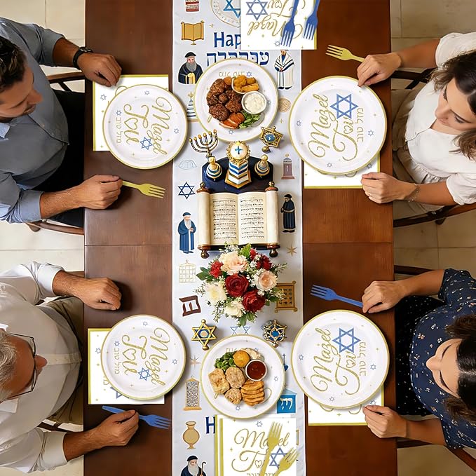 96Pcs Mazel Tov Party Decorations Congratulations Plates and Napkins Gold Blue Disposable Paper Tableware Set for Bar Mitzvah Bridal Shower Engagement Jewish Party Supplies Serves 24