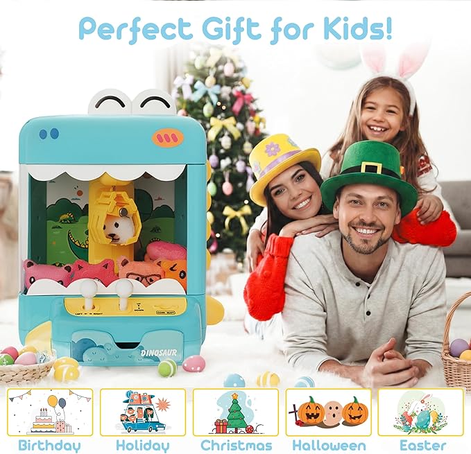 Claw Machine for Kids - Mini Arcade Game - Vending Machine - Candy Grabber Toys - Silent Mode, Lights, USB - Plush Toys & Easter Eggs, Surprise Stickers - Fun Gift for Kids, Boys & Girls (Dinosaur)