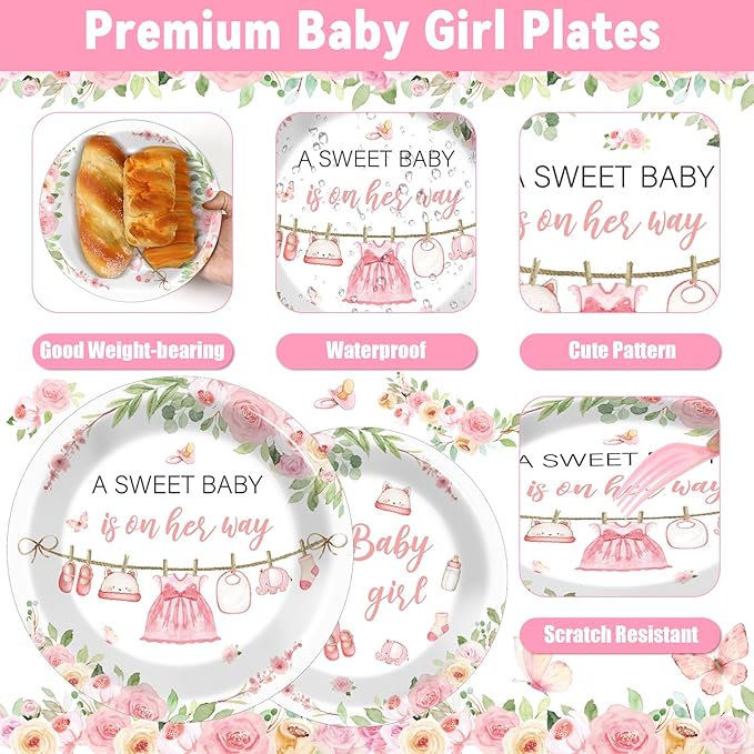 200Pcs Floral Baby Girl Shower Plates and Napkins Decoration Pink Girl Party Tableware Dinnerware Set Spring Rose Gold Paper Plates for Baby Gender Reveal Party Supplies Serves 50