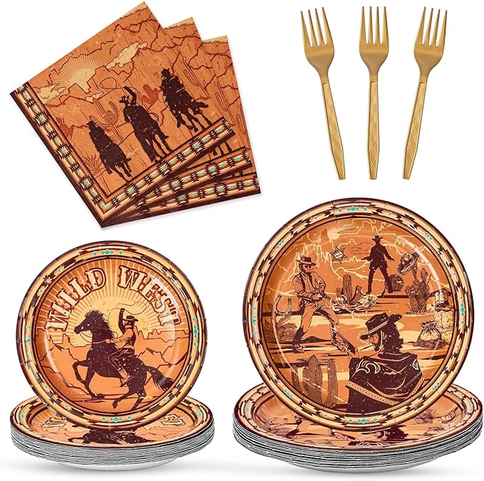 WERNNSAI Western Party Decorations - 64 PCS Cowboy Plates Napkins and Forks Wild West Birthday Supplies Western Paper Plates for Kids Boys First Rodeo Birthday Bachelorette Decor Serves 16 Guests