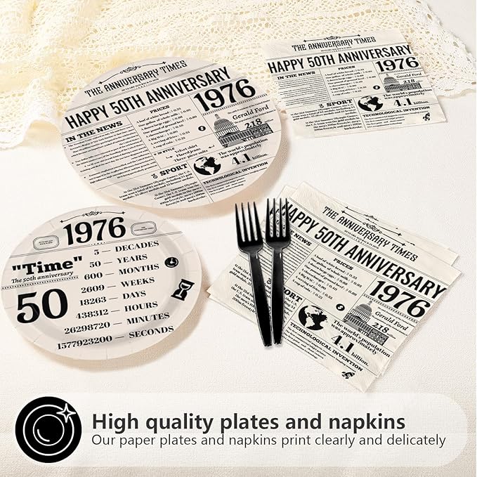 96Pcs 50th Anniversary Party Decor Vintage Back in 1976 Plates and Napkins Black White 50th Disposable Paper Tableware Set for Men Women Wedding Anniversary Birthday Party Supplies Serves 24
