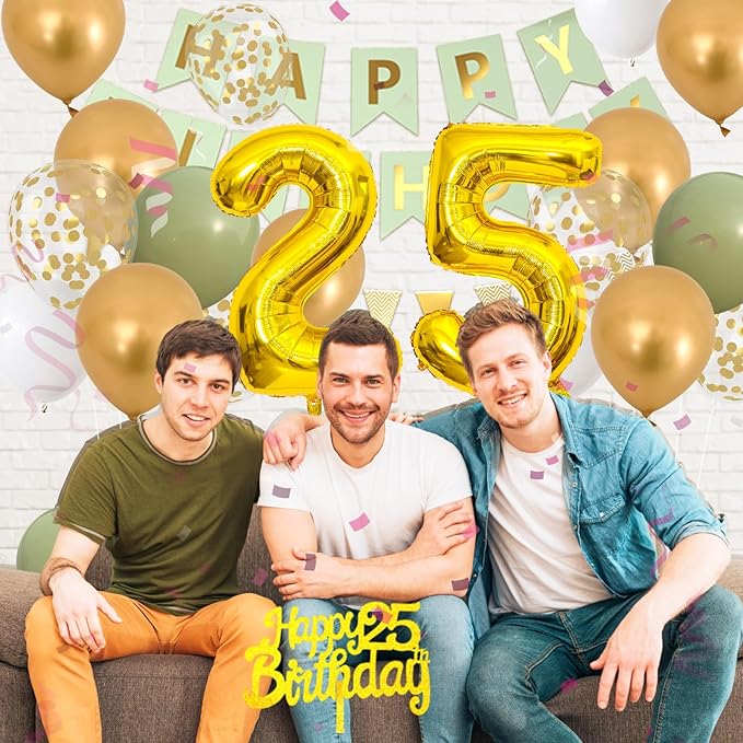 25th Birthday Decorations, Sage Green And Gold Happy Birthday Party Decorations With Number 25 Balloons Olive Green Gold Confetti Balloons Fringe Curtain Banner Cake Topper For 25th Party Supplies