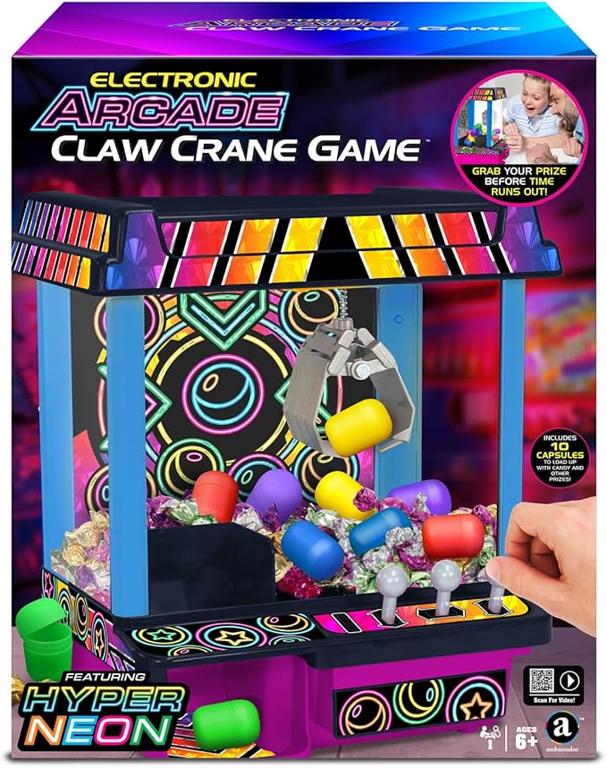 Ambassador Games: Electronic Arcade Claw Crane Game - Hyper Neon Black Series, Plastic Eggs to Fill with Prizes, Carnival-Style Music, Kids Ages 6+