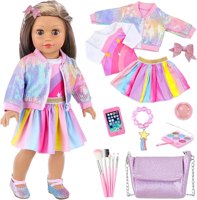 UNICORN ELEMENT American 18 Inch Doll Makeup Accessories and Clothes,Sequin Backpack Set for 18" Dolls Include Skirt Bracelet Hair Clip Phone and Makeup Sets（No Doll and Shoes