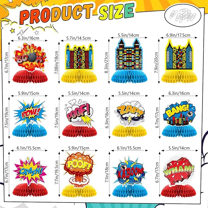 12 PCS Hero Party Decorations, Hero Theme Happy Birthday Decorations, Fun Action Honeycomb Centerpieces Decor Table for Party Supplies for Women Men Boys Girls