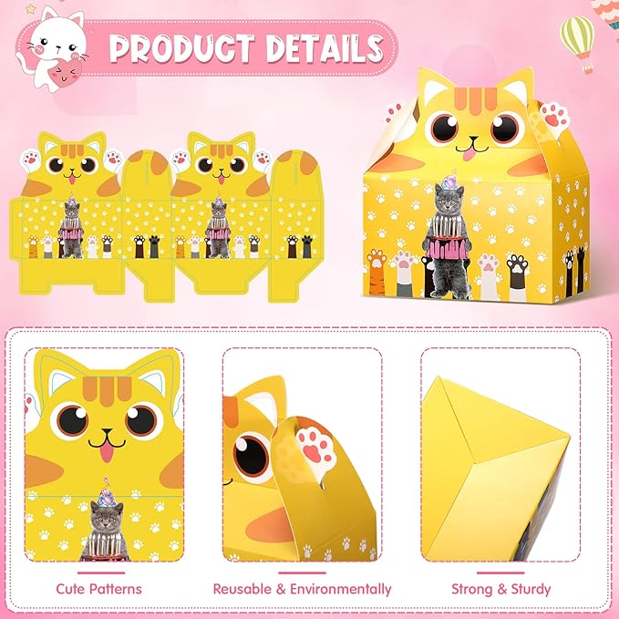Nezyo 24 Pieces Cat Party Favor Boxes Kitten Theme Goodie Boxes Cute Candy Bags for Kids Birthday Supplies Decorations Adopt a Cat Party Favors, 8 Styles