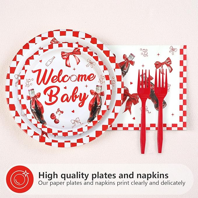 96Pcs She's Ready to Pop Baby Shower Decorations Soda Pop Drink Themed Plates and Napkins Red White Bow Gingham Disposable Paper Tableware Set for Girls Baby Shower Party Supplies Serves 24