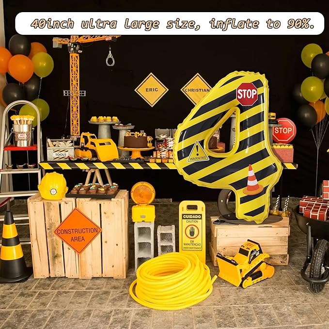 40 Inch Giant Construction Theme Number Balloons - Large Number 4 Balloons Yellow and Black Striped for Kids' Construction Birthday Anniversary Party Decorations Supplies Number 2-4 Balloon