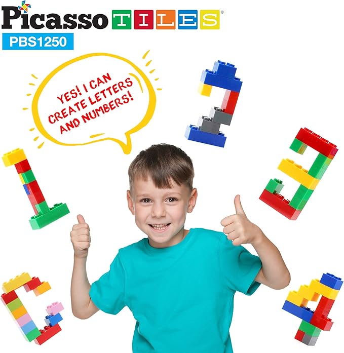 PicassoTiles 1250 PCs Educational Building Block Bricks Tile Set Creative Shapes to Enhance Imaginative Play Unique Set to Characters Learning STEM Toys Washable for Learning Education Ages 3+ PBS1250