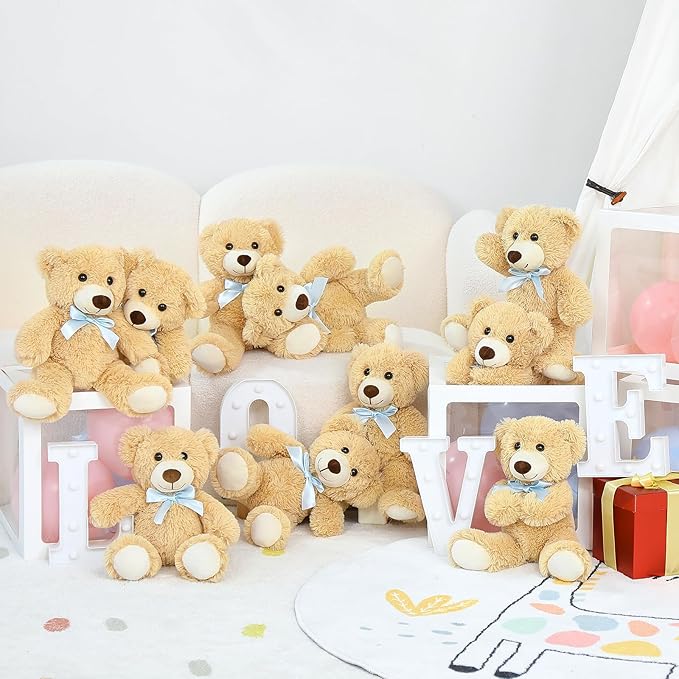 MorisMos 10-Pack Teddy Bear Bulk for Baby Shower,14-inch Small Teddy Bear Stuffed Animal Plush Toy,Soft Bulk Stuffed Animal Wholesale for Baby Shower Centerpiece Decoration Birthday Party Favors,Brown