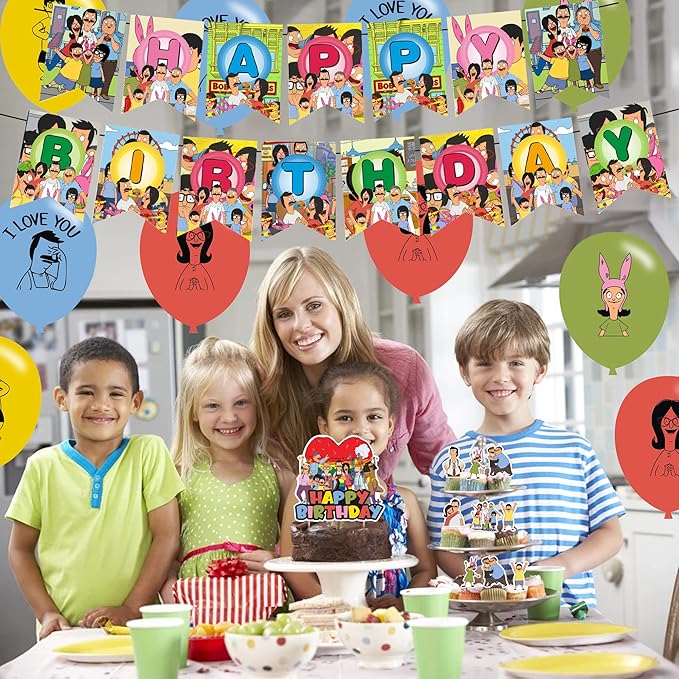 Bobs Burgers Party Decorations - Birthday Supplies with Banner, Cake Topper, 12 Cupcake Toppers, 18 Balloons, 50 Stickers